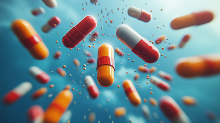 a vibrant display of floating capsules against a blue backdrop, symbolizing health and medicine conceptの素材