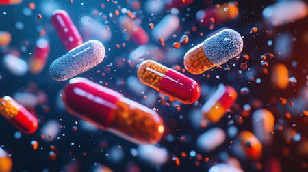 a close up shot of many pills floating in the air with a dark blue and red background effect around themの素材