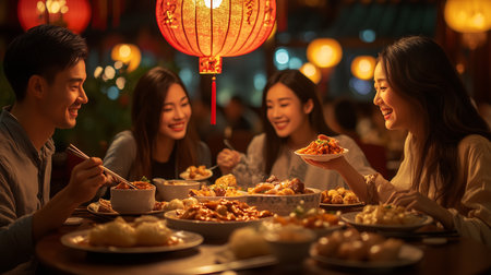 friends enjoying a meal together under lanterns, sharing food and laughter in a warm restaurant settingの素材