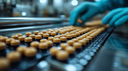 a gloved hand carefully places orange pills on a conveyor belt in a pharmaceutical manufacturing settingの素材