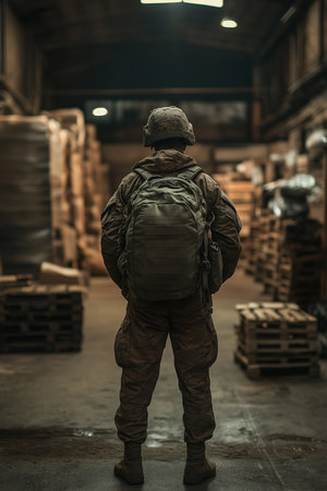 a soldier stands in a large warehouse surrounded by boxes and pallets ready for a mission assignmentの素材
