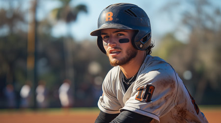 a baseball player in uniform and helmet looks to the side with trees in the background on a sunny dayの素材