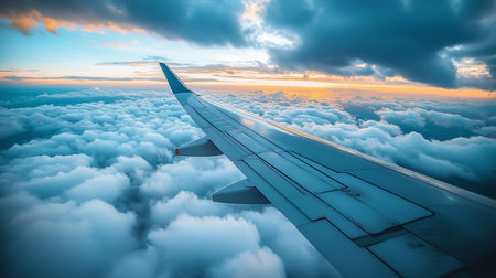 a view from an airplane window of the wing, clouds, sky and sunset on the horizon above the cloudscapeの素材