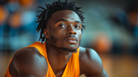 a focused young man with dreadlocks in an orange tank top looks thoughtfully into the distance with intensityの素材