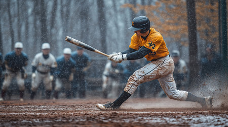 a baseball player swings his bat during a rainy game with his team watching from the muddy ground behind himの素材