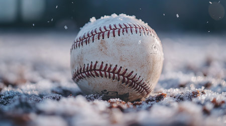 a baseball sits covered in ice crystals on a surface also covered in ice, a cold winter scene unfoldsの素材