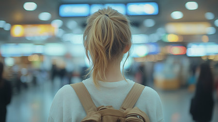 a woman with a ponytail and backpack walks through a bright airport terminal with a blurred backgroundの素材
