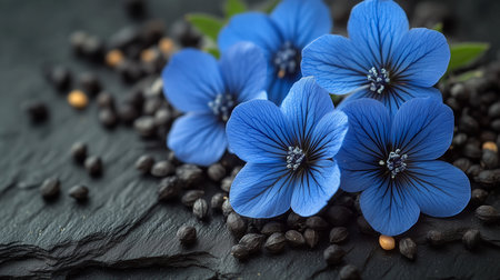 a close up of blue flowers with dark veins laying on a bed of black seeds and a stone surface textureの素材