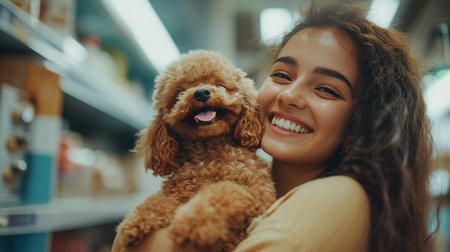 a smiling woman holds a brown poodle dog, with blurred shelves in the background, creating a warm sceneの素材