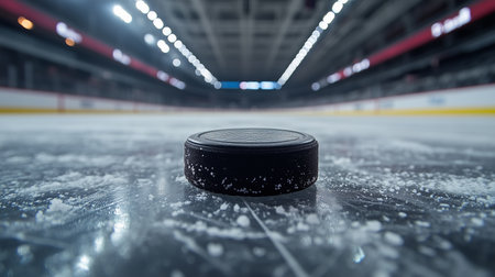 a close up shot of a hockey puck sitting on a frozen ice rink inside of a bright indoor arena settingの素材