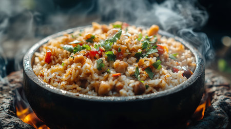 a steaming bowl of rice with vegetables and herbs sits over a fire pit, smoke rising around the bowlの素材