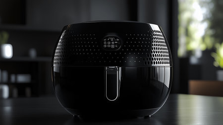a sleek black air fryer sits on a dark surface, blending modern technology with kitchen aesthetics.の素材