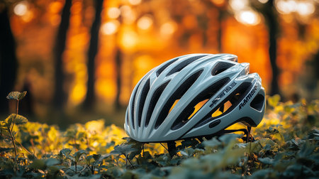 a white helmet is placed on green foliage, with a blurred background of trees and soft sunlight.の素材