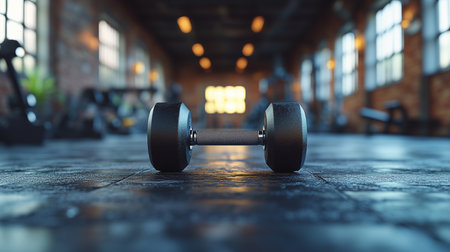 a dumbbell sits on a reflective gym floor with blurred gym equipment and lighting in the background.の素材