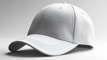 a close up studio shot of a plain white baseball cap with a curved brim on a light gray backgroundの素材