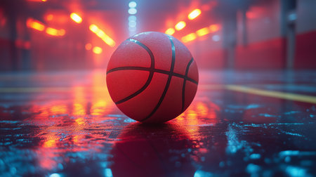 a basketball sits on a reflective surface with red and blue lights creating a blurred and glowing effectの素材