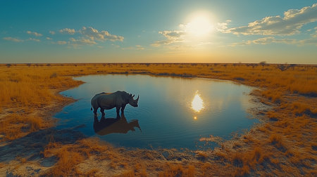 a rhinoceros stands in a watering hole, under a bright sun, in a dry grassy african landscape sceneの素材