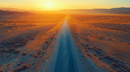 a long road stretches to the horizon in a desert landscape during sunset, with mountains in the distanceの素材