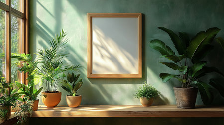 a bright interior with a frame on a green wall, plants on a wooden shelf and sunlight streaming through windowの素材