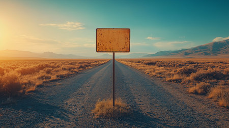 a signpost on a road leads to mountains under a blue sky and sunset, a vast and scenic landscape unfoldsの素材