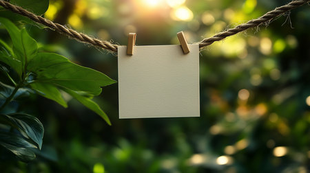a blank card hangs from a rope with clothespins surrounded by green leaves in a natural outdoor settingの素材