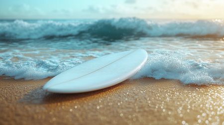a white surfboard sits on the beach as waves roll in, creating a serene and inviting coastal sceneの素材