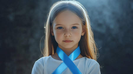 a young girl with blonde hair and blue eyes wears a blue ribbon around her neck, showing her support.の素材