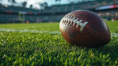 a football sits on the green grass of a football field, ready for the next play in the big gameの素材
