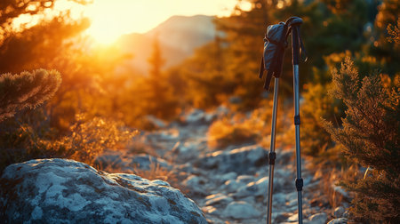 hiking poles rest on a rocky path as the sun shines through the trees in a beautiful landscape sceneの素材