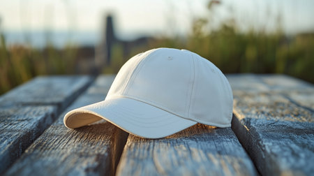 a white baseball cap remains on a weathered wooden table, bathed in the soft light of golden hour outdoorsの素材