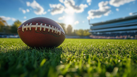 a close up shot of a football on a grass field with a stadium and blue sky in the background on a sunny dayの素材