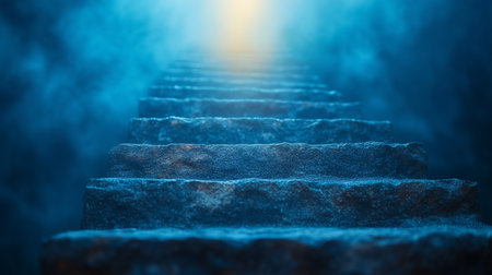 a stone staircase leads up through a foggy blue texture to a bright light at the top of the stairwayの素材