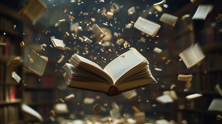 an open book floats mid air with pages flying around it set in a library with shelves in the backgroundの素材