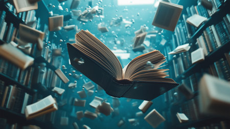 an open book floats in a blue toned library, surrounded by many other books, creating a surreal atmosphereの素材