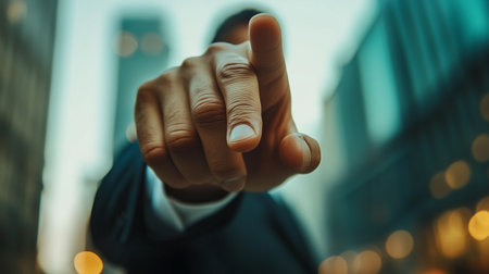 a close up shot of a person pointing directly at the viewer in a city with blurred buildings behindの素材