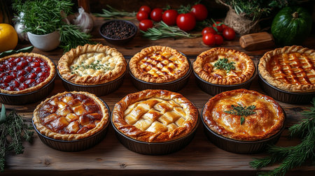 a delicious assortment of pies, each with a unique filling, beautifully arranged on a wooden table topの素材