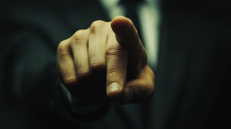 a close up of a hand pointing directly at the viewer, set against a dark and moody indoor backdropの素材