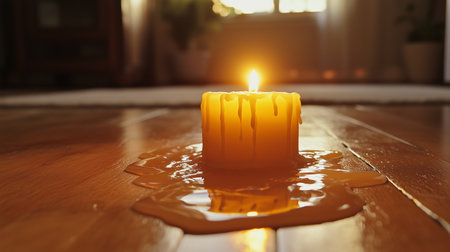 a close up of a candle with melted wax on a wooden floor, lit in a softly lit interior space at golden hourの素材