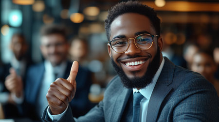 a smiling man in a suit gives a thumbs up with colleagues in the background, showing success and positivityの素材