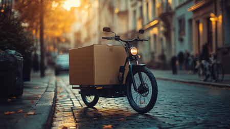 a delivery bike with a large box is parked on a cobblestone street with a bright headlight shining forwardの素材