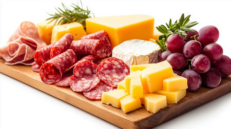a wooden board featuring cheese, salami, ham, and grapes, presented against a clean white background viewの素材