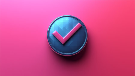 a pink check mark inside a blue circle on a pink background with a gradient lighting effect on top rightの素材