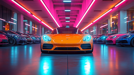 a bright orange sports car in a neon lit garage, surrounded by other luxury cars, reflecting on the floorの素材