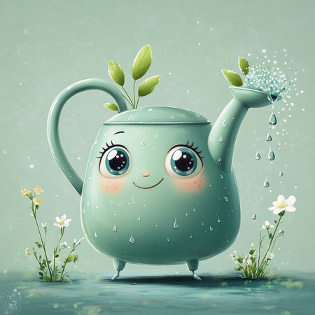 a sweet watering can with big eyes and plants on a light green background in a cartoon illustrationの素材