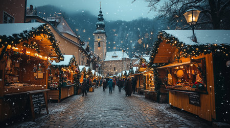 a festive christmas market with wooden stalls and a church tower, all covered in snow and lit up at nightの素材