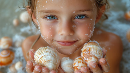 a close up portrait of a girl with blue eyes holding seashells and water droplets on her face smilingの素材