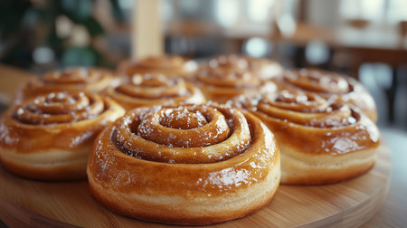 a delectable display of glazed cinnamon rolls, freshly baked and arranged on a wooden surface for all to seeの素材