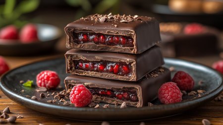 a stack of three chocolate raspberry bars sitting on a plate with raspberries and chocolate shavings around itの素材