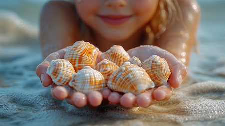 a child holds seashells in her hands at the beach as the water washes around them at the shorelineの素材