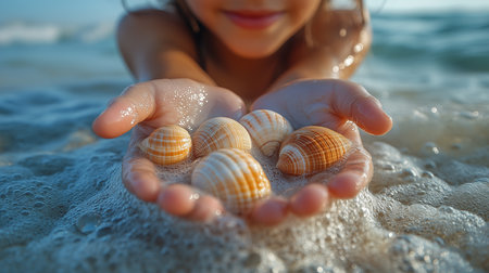 a child holds seashells in their hands at the beach with ocean waves washing around them on a sunny dayの素材